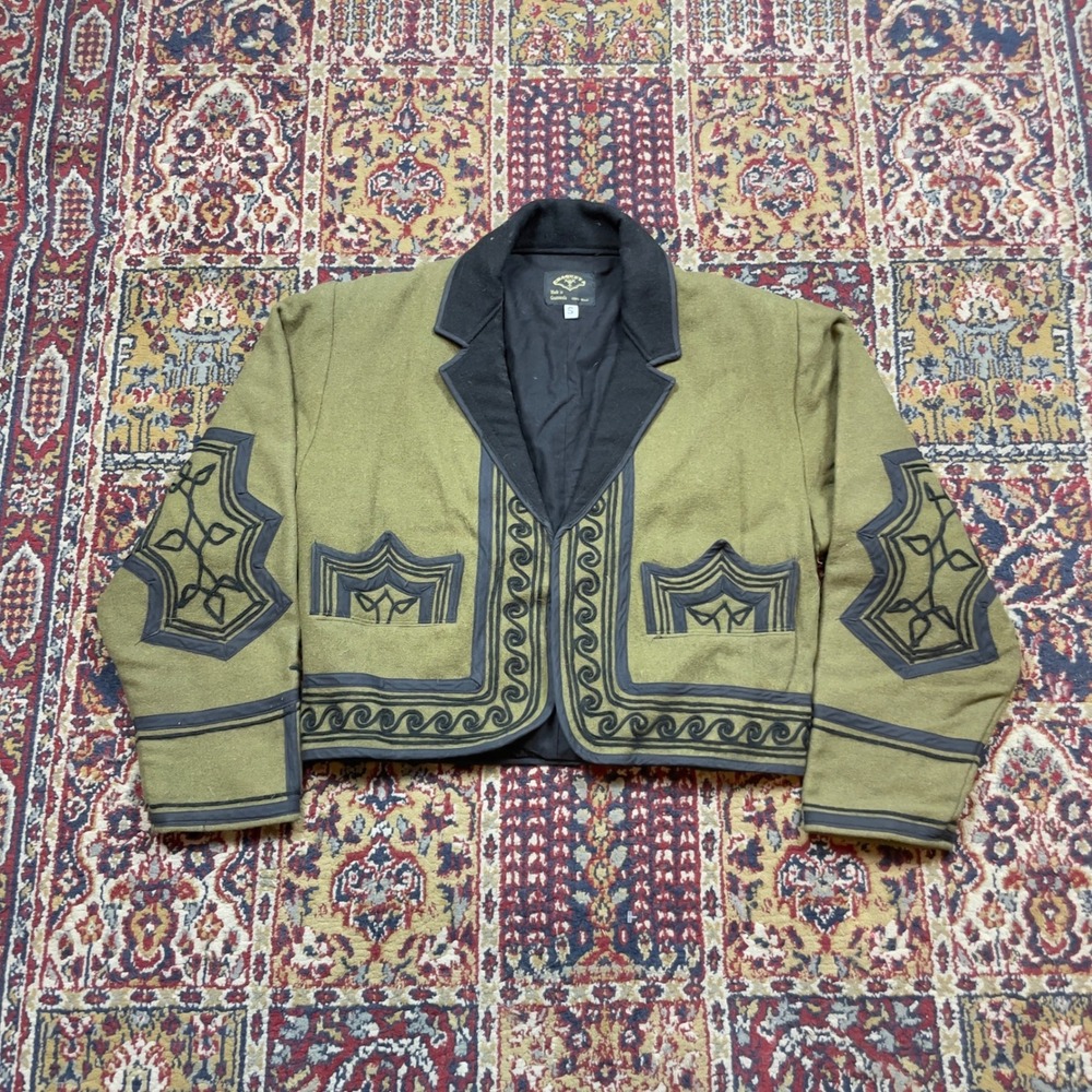 VTG Rare 60s 70s Chaqueta Wool Olive Green Bat Wing Embroidered Shorty Jacket S